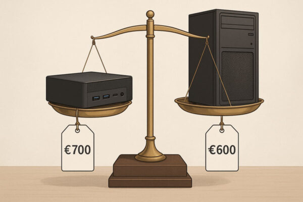 Mini-PC und Tower-PC im Preis-Leistungs-Vergleich auf einer Waage