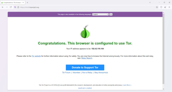 TOR-Browser erfolgreich verbunden – sicher und unerkannt surfen Verbindung bestätigt beim unerkannt surfen mit dem TOR-Browser