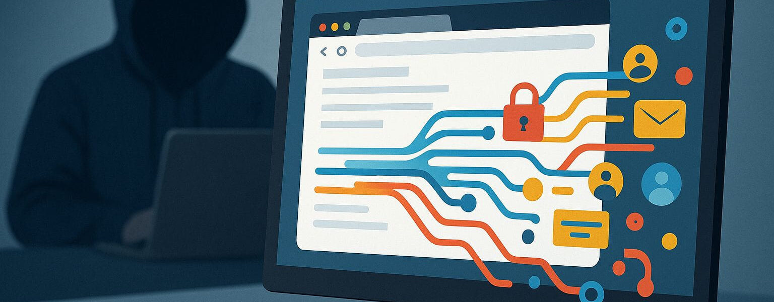 Darstellung einer Datenpanne mit Computer und auslaufenden Daten
