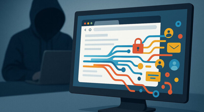 Darstellung einer Datenpanne mit Computer und auslaufenden Daten