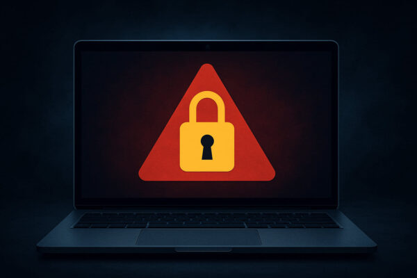 Ransomware anschaulich erklärt: Symbolbild mit Laptop und Warnsymbol