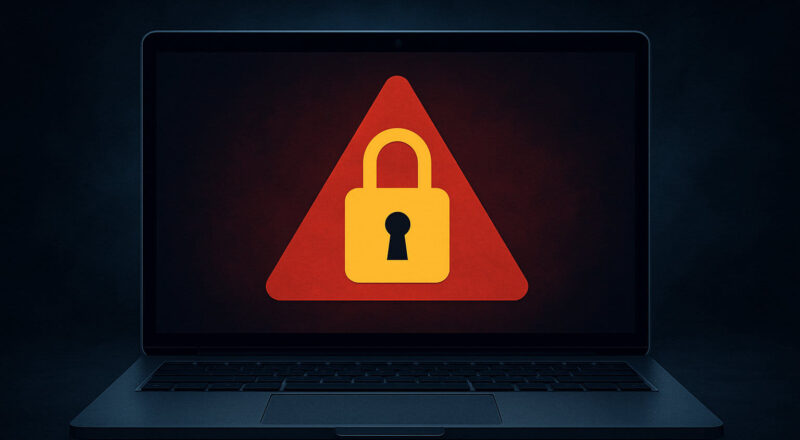 Ransomware anschaulich erklärt: Symbolbild mit Laptop und Warnsymbol