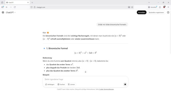ChatGPT im Alltag – Beispiel für Lernhilfe mit Erklärung der binomischen Formeln