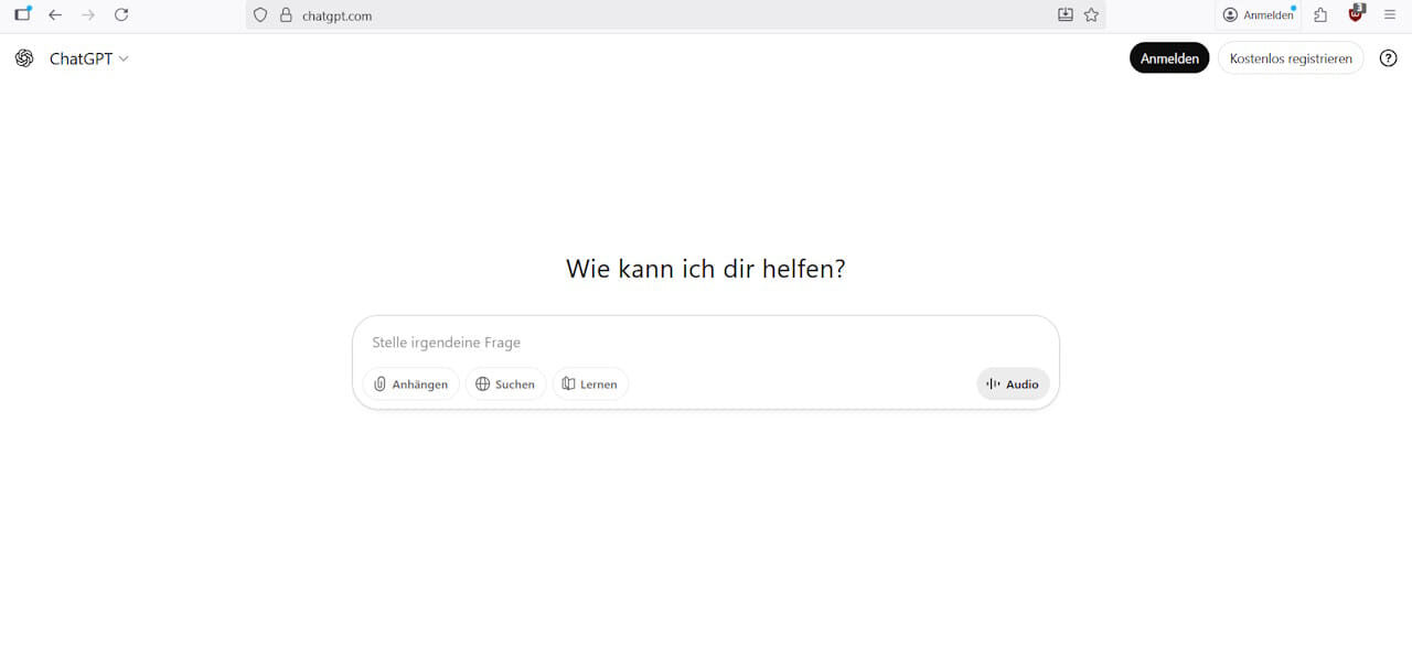 ChatGPT im Alltag – Startseite der KI mit Eingabefeld und Loginbereich