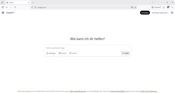 ChatGPT im Alltag – Startseite der KI mit Eingabefeld und Loginbereich