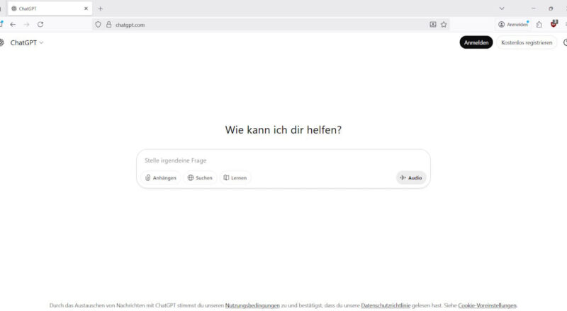 ChatGPT im Alltag – Startseite der KI mit Eingabefeld und Loginbereich