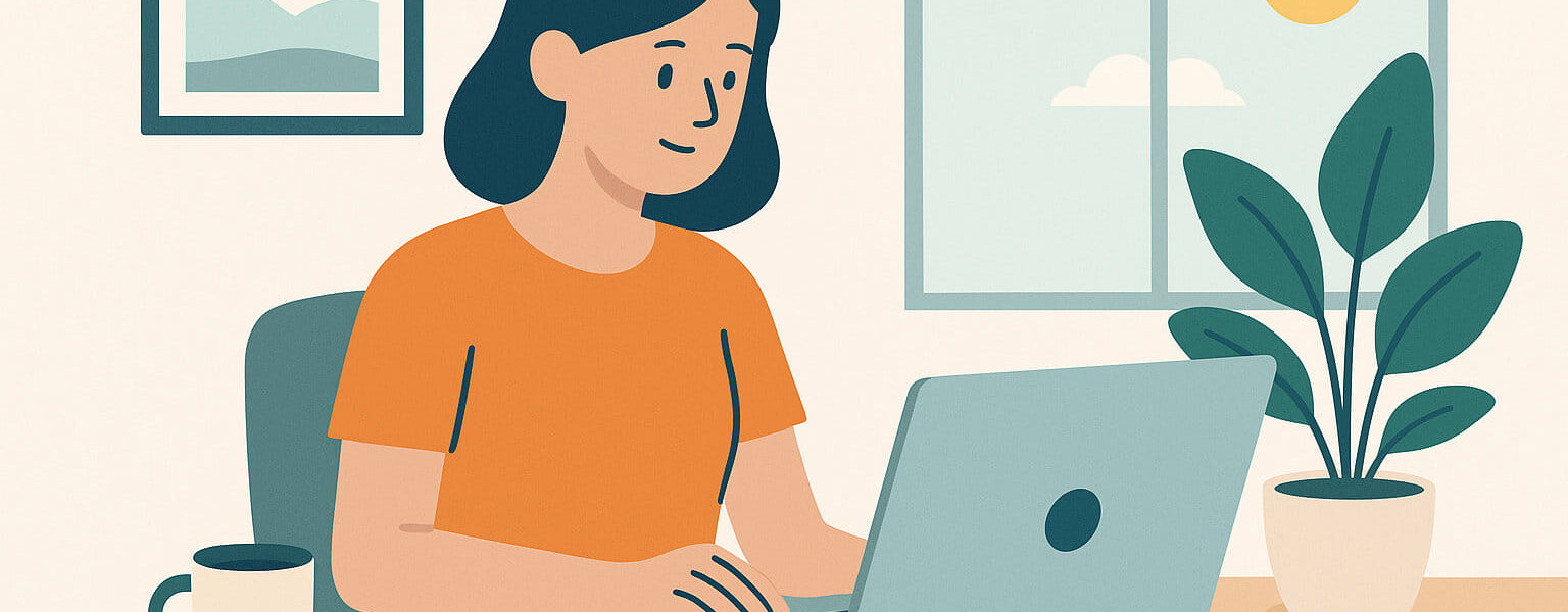 Person arbeitet im Homeoffice am Laptop in heller, moderner Umgebung – Symbol für flexible und unabhängige Arbeit