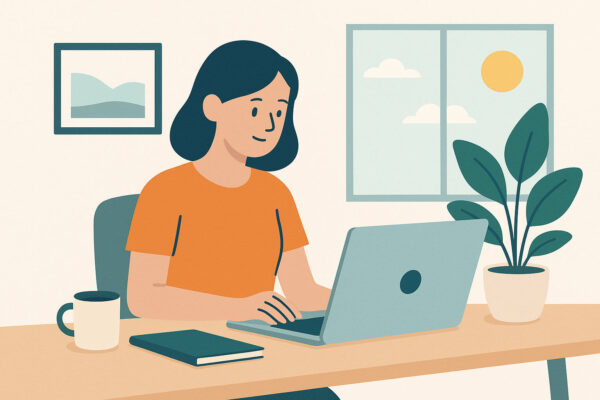 Arbeiten im Homeoffice – flexibel und unabhängig Person arbeitet im Homeoffice am Laptop in heller, moderner Umgebung – Symbol für flexible und unabhängige Arbeit
