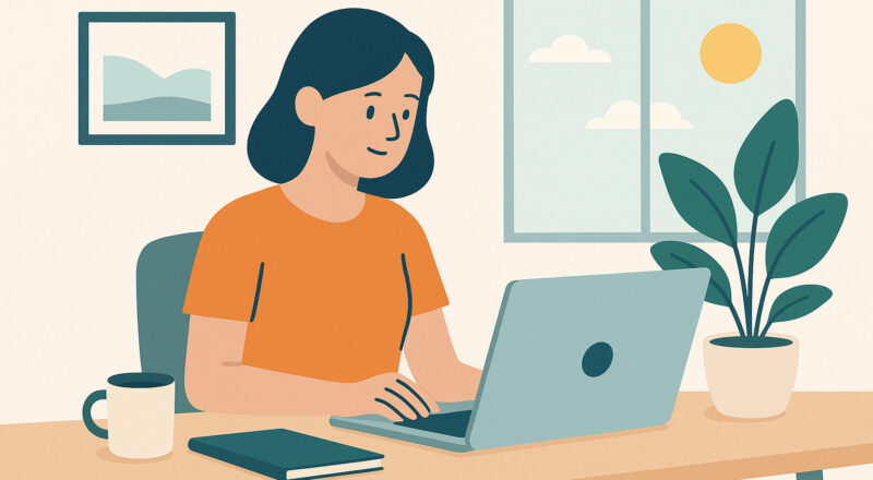 Person arbeitet im Homeoffice am Laptop in heller, moderner Umgebung – Symbol für flexible und unabhängige Arbeit