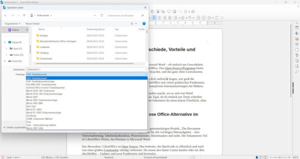 Dateiformate in LibreOffice – kompatibel mit Word-Dokumenten Screenshot zeigt Dateiformate beim Speichern in LibreOffice Writer