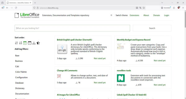 Erweiterungen für LibreOffice – mehr Funktionen und Flexibilität Screenshot zeigt die offizielle LibreOffice-Website mit verfügbaren Erweiterungen und Add-ons