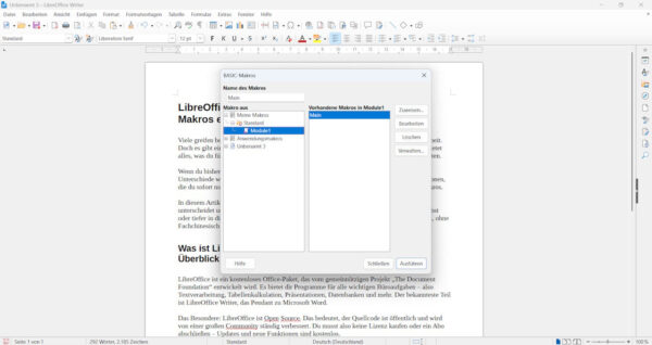 Makros in LibreOffice – Aufgaben automatisieren leicht gemacht Screenshot zeigt das Makro-Fenster in LibreOffice zum Verwalten und Ausführen von Automatisierungen