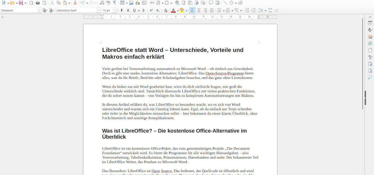 Screenshot von LibreOffice Writer mit geöffnetem Textdokument