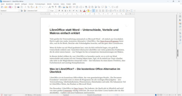 LibreOffice Writer – Oberfläche der kostenlosen Textverarbeitung Screenshot von LibreOffice Writer mit geöffnetem Textdokument