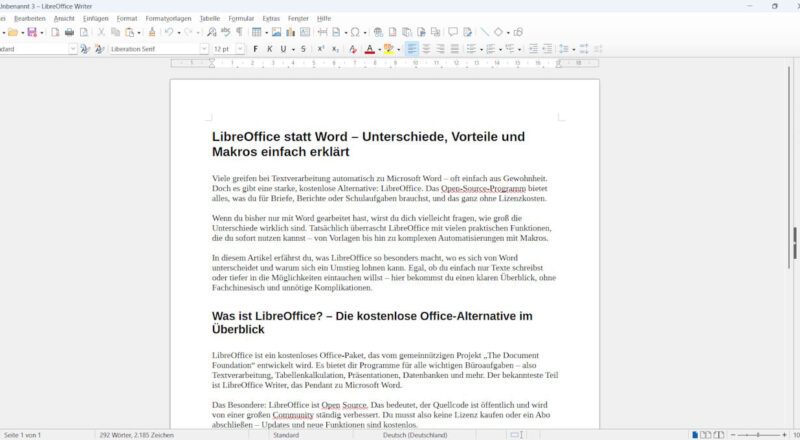 Screenshot von LibreOffice Writer mit geöffnetem Textdokument