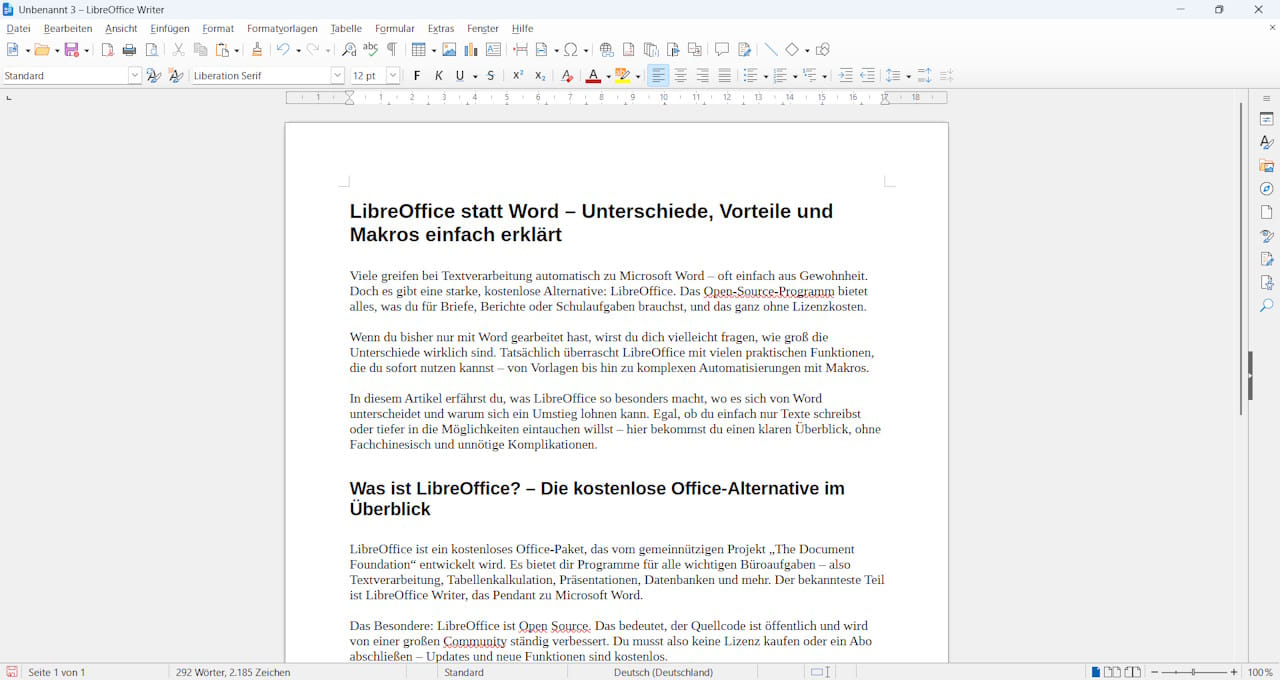 Screenshot von LibreOffice Writer mit geöffnetem Textdokument