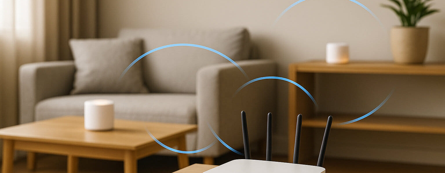 Mesh-WLAN im Wohnzimmer mit Router und vernetzten Satelliten realistisch dargestellt