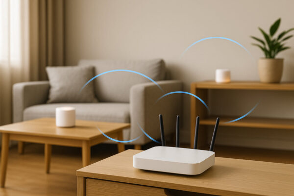Mesh-WLAN im Alltag – stabile Verbindung im ganzen Zuhause Mesh-WLAN im Wohnzimmer mit Router und vernetzten Satelliten realistisch dargestellt