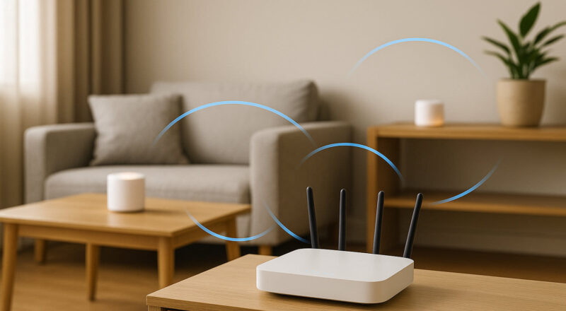 Mesh-WLAN im Wohnzimmer mit Router und vernetzten Satelliten realistisch dargestellt