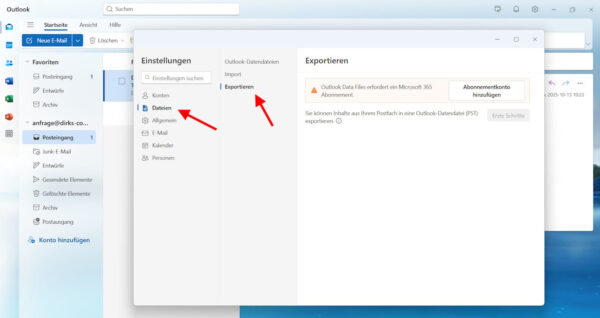 Outlook-Export: OST-Datei in PST-Datei umwandeln Outlook-Einstellungen mit geöffnetem Export-Dialog zum Erstellen einer PST-Datei aus einer OST-Datei