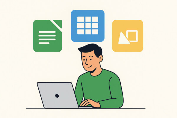Vorteile von LibreOffice – kostenlos, flexibel und datensicher Illustration zeigt die Vorteile von LibreOffice beim Arbeiten am Laptop