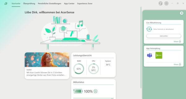 AcerSense zeigt CPU-Temperatur, RAM-Auslastung und Systemstatus zur Hardwareprüfung