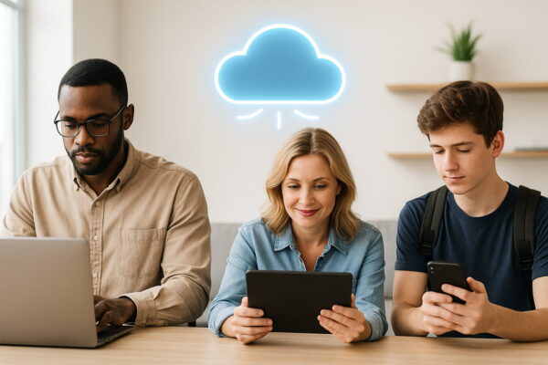 Fotorealistische Darstellung verschiedener Nutzergruppen, die Cloud-Speicher auf Laptop, Tablet und Smartphone verwenden.