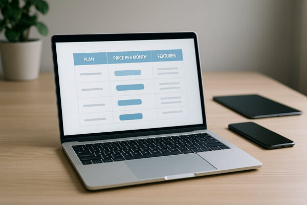 Fotorealistische Darstellung eines Laptops mit Preisvergleich für verschiedene Cloud-Speicher-Anbieter.