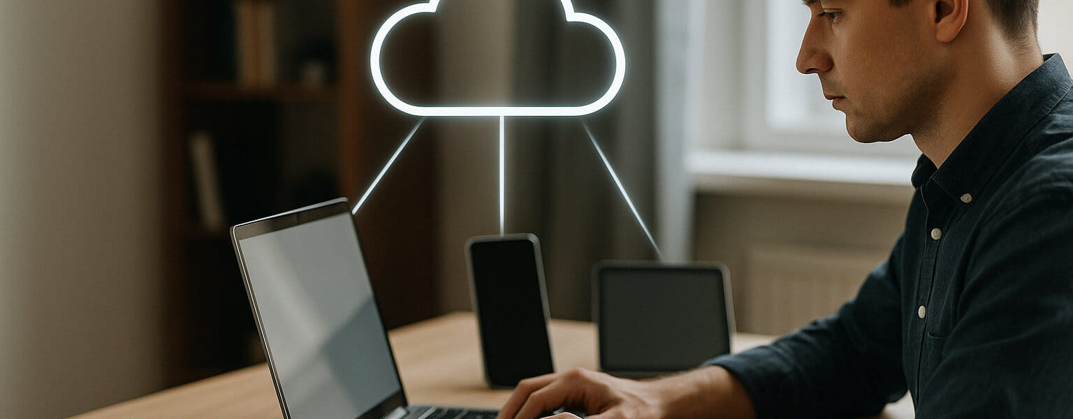 Realistische Darstellung zeigt Cloud-Speicher in Aktion mit vernetzten Geräten und digitaler Datenwolke.