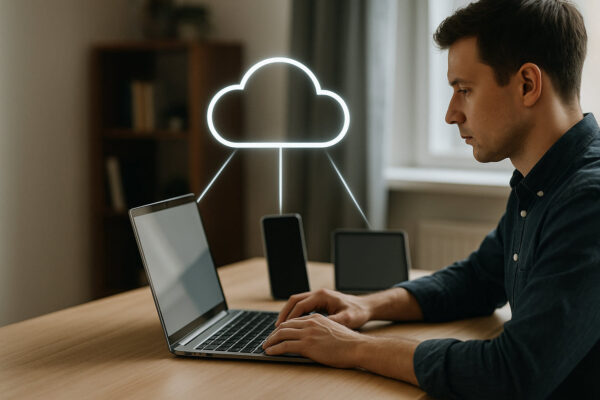 Realistische Darstellung zeigt Cloud-Speicher in Aktion mit vernetzten Geräten und digitaler Datenwolke.