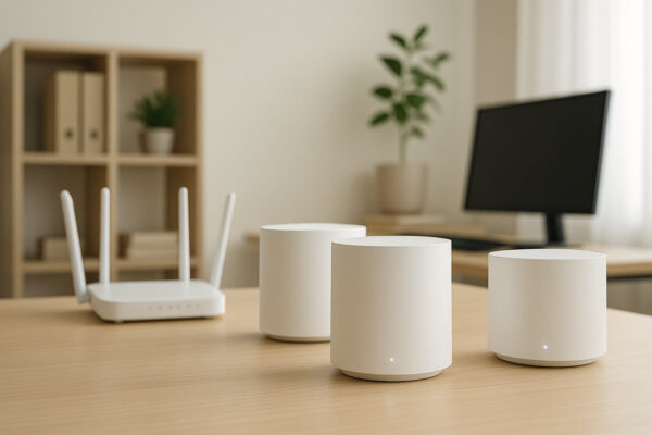Wie arbeitet ein modernes Mesh-System? Moderne Mesh-WLAN-Knoten auf einem Schreibtisch zur Veranschaulichung eines Mesh-Systems