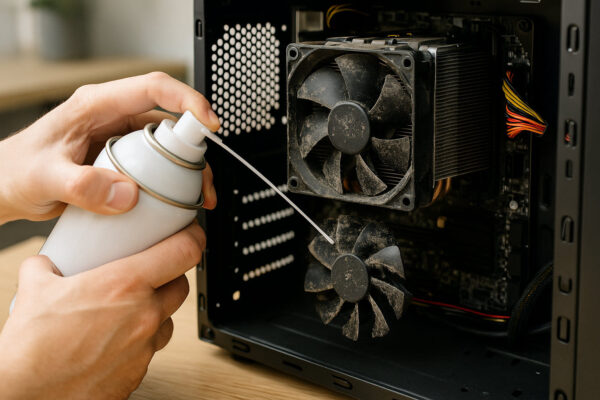 Person entfernt Staub mit Druckluft aus PC-Lüftern und Kühlkörpern