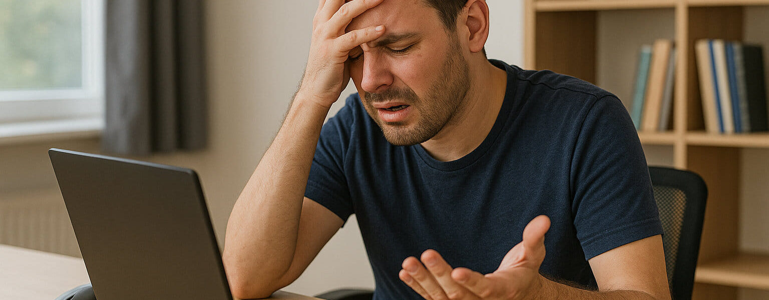 Frustrierter Anwender vor einem überhitzten Laptop als typisches Anzeichen für PC-Probleme