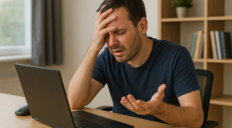 Frustrierter Anwender vor einem überhitzten Laptop als typisches Anzeichen für PC-Probleme