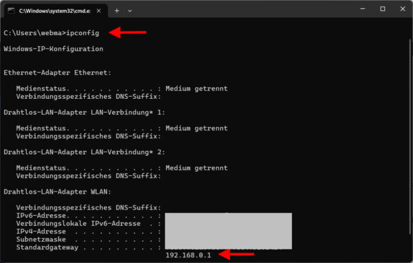 Router-IP unter Windows mit ipconfig herausfinden Windows ipconfig zeigt Standardgateway zur Ermittlung der Router-IP