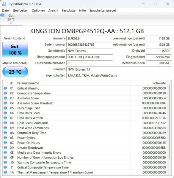 CrystalDiskInfo zeigt SSD-Zustand und SMART-Werte unter Windows