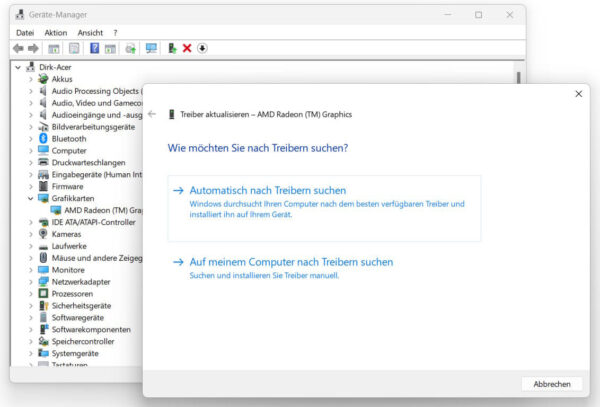 Windows-Gerätemanager zeigt Treiber-Update zur Fehlerbehebung
