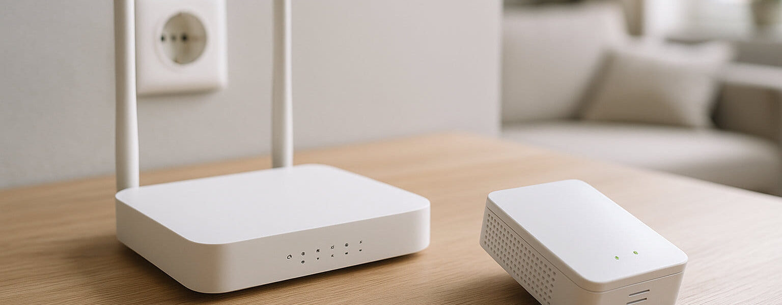 WLAN-Router und Repeater zur Verdeutlichung der Funktionsweise eines Repeaters.