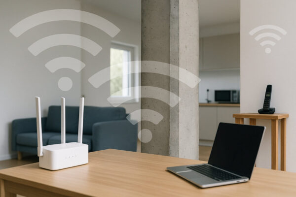 WLAN-Signalstörungen durch bauliche Hindernisse WLAN-Router, Laptop und bauliche Hindernisse wie Betonsäule als typische Störquellen im Funknetz