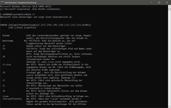 Windows-Eingabeaufforderung zeigt CHKDSK-Befehle zur Reparatur des Systemstarts
