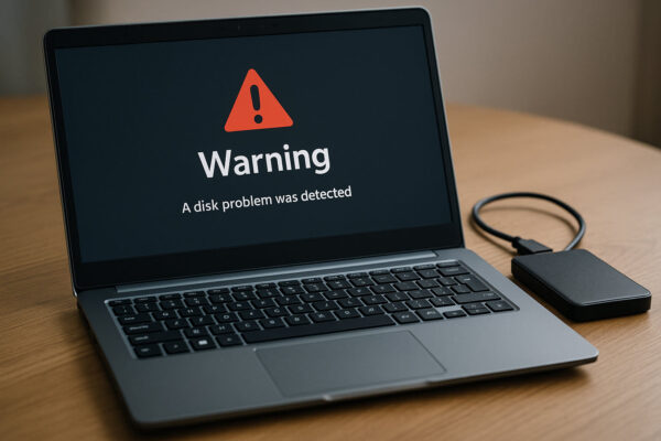 Defekte Festplatte: erste Schritte zur Datensicherung Laptop mit Festplattenwarnung und externer Backup-Festplatte zur Datensicherung