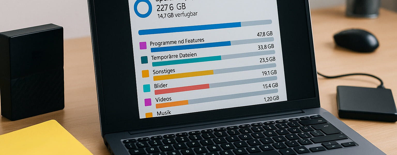 Windows-PC mit Speicheranalyse, die zeigt, warum die Festplatte voll ist