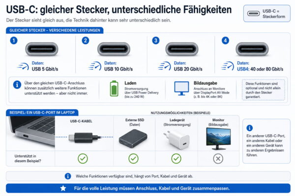 Unterschiedliche Funktionen von USB-C USB-C-Anschlüsse können unterschiedliche Daten-, Lade- und Displayfunktionen unterstützen