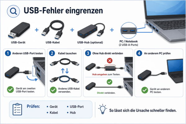 USB-Fehler systematisch eingrenzen USB-Probleme beheben und durch Prüfung von Gerät, Kabel, Hub und USB-Port eingrenzen
