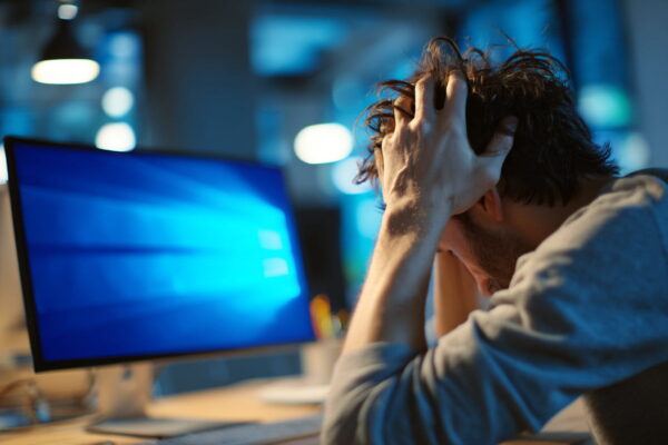 Frustrierter Windows-Nutzer sitzt vor einem PC mit angedeutetem Systemfehler