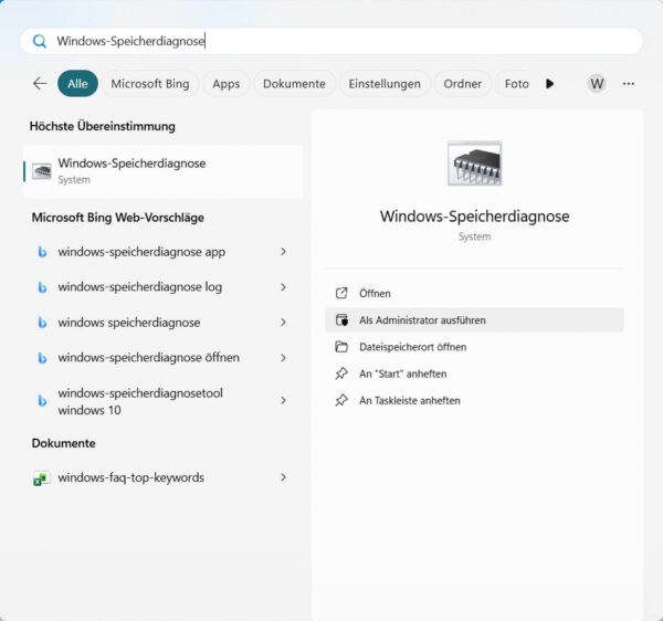Windows-Speicherdiagnose zum Testen des Arbeitsspeichers unter Windows