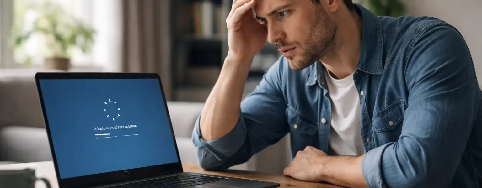 Nutzer sitzt frustriert vor Laptop mit hängendem Windows-Update