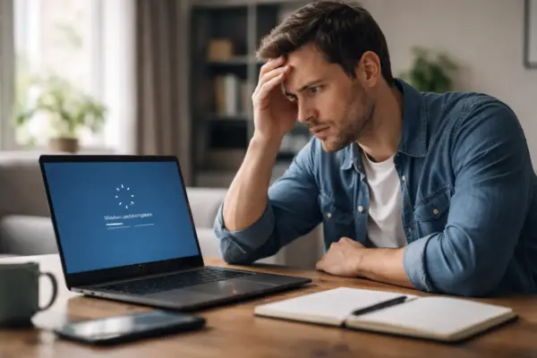 Warum Windows-Updates häufig Probleme verursachen Nutzer sitzt frustriert vor Laptop mit hängendem Windows-Update