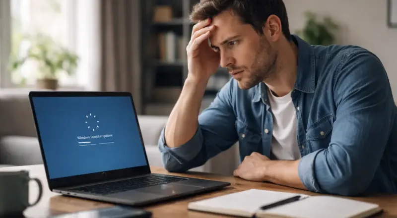 Nutzer sitzt frustriert vor Laptop mit hängendem Windows-Update