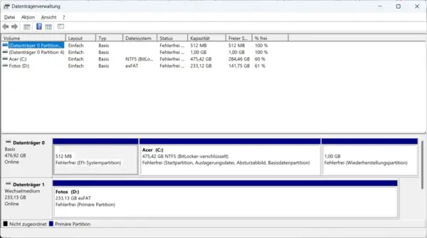 Externe Festplatte in der Windows Datenträgerverwaltung prüfen Windows Datenträgerverwaltung mit interner und externer Festplatte